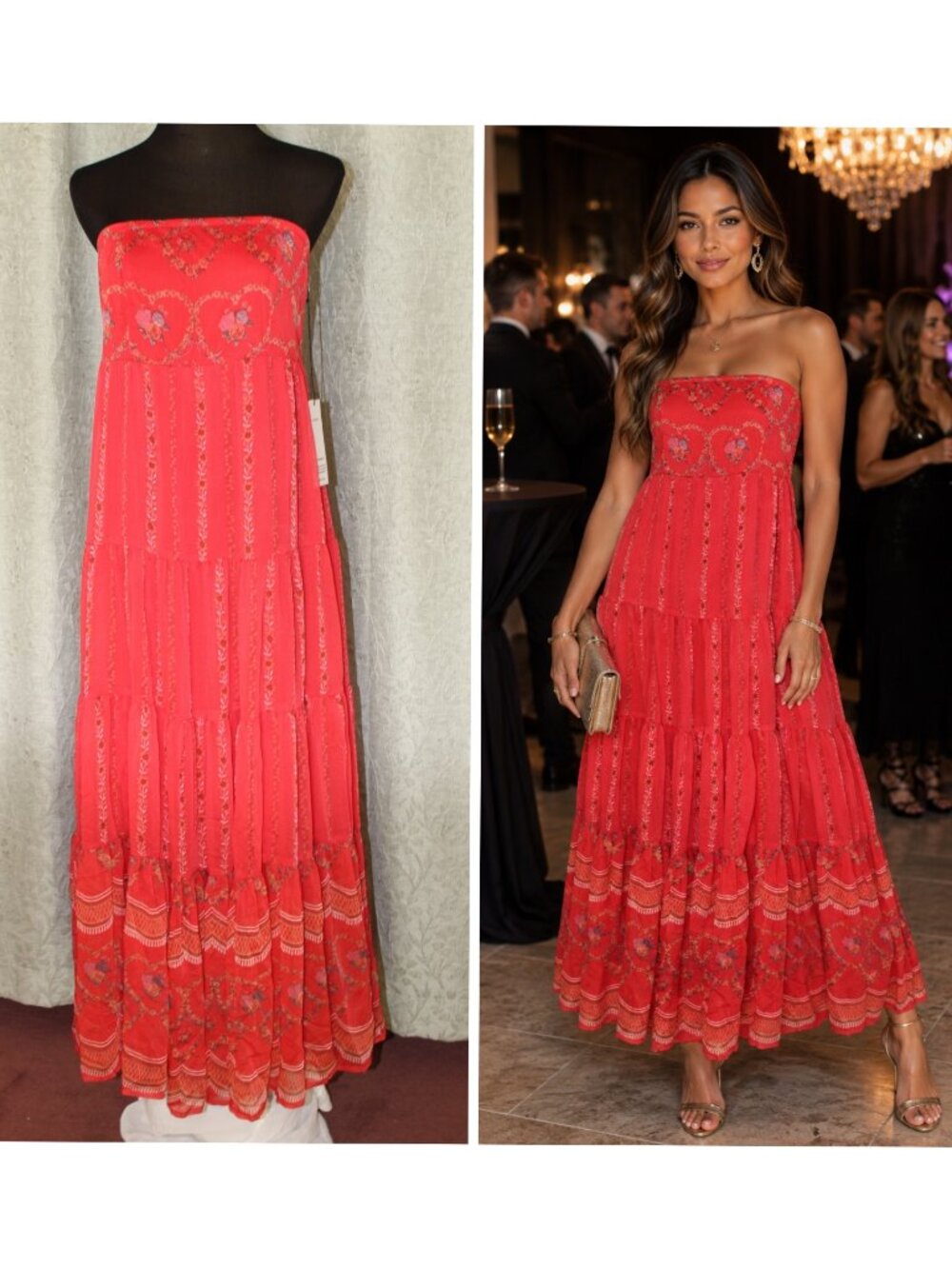 NWT Tulip Strapless Tiered Maxi dress Size L Vibrant coral floral print Cocktail